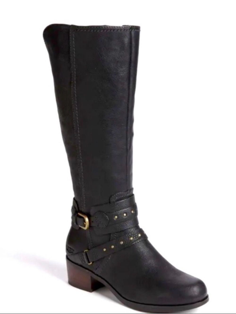 UGG 1004169 esplanade Black pebble Leather Tall Riding Boots with Buckle Straps